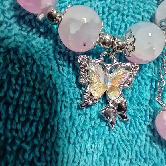 Pink white aurora silvertone butterfly beads stretch bracelet - Picture 4 of 4